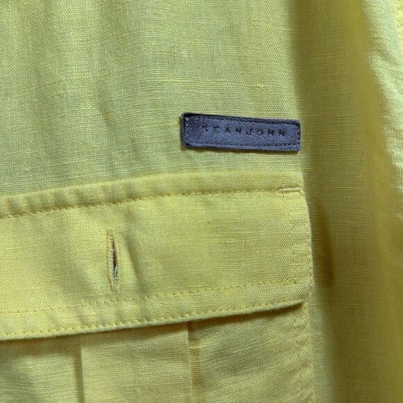 Sean John Shirt Mens Yellow Linen Blend Short Sleeve Logo Pocket Button Casual - Picture 8 of 13